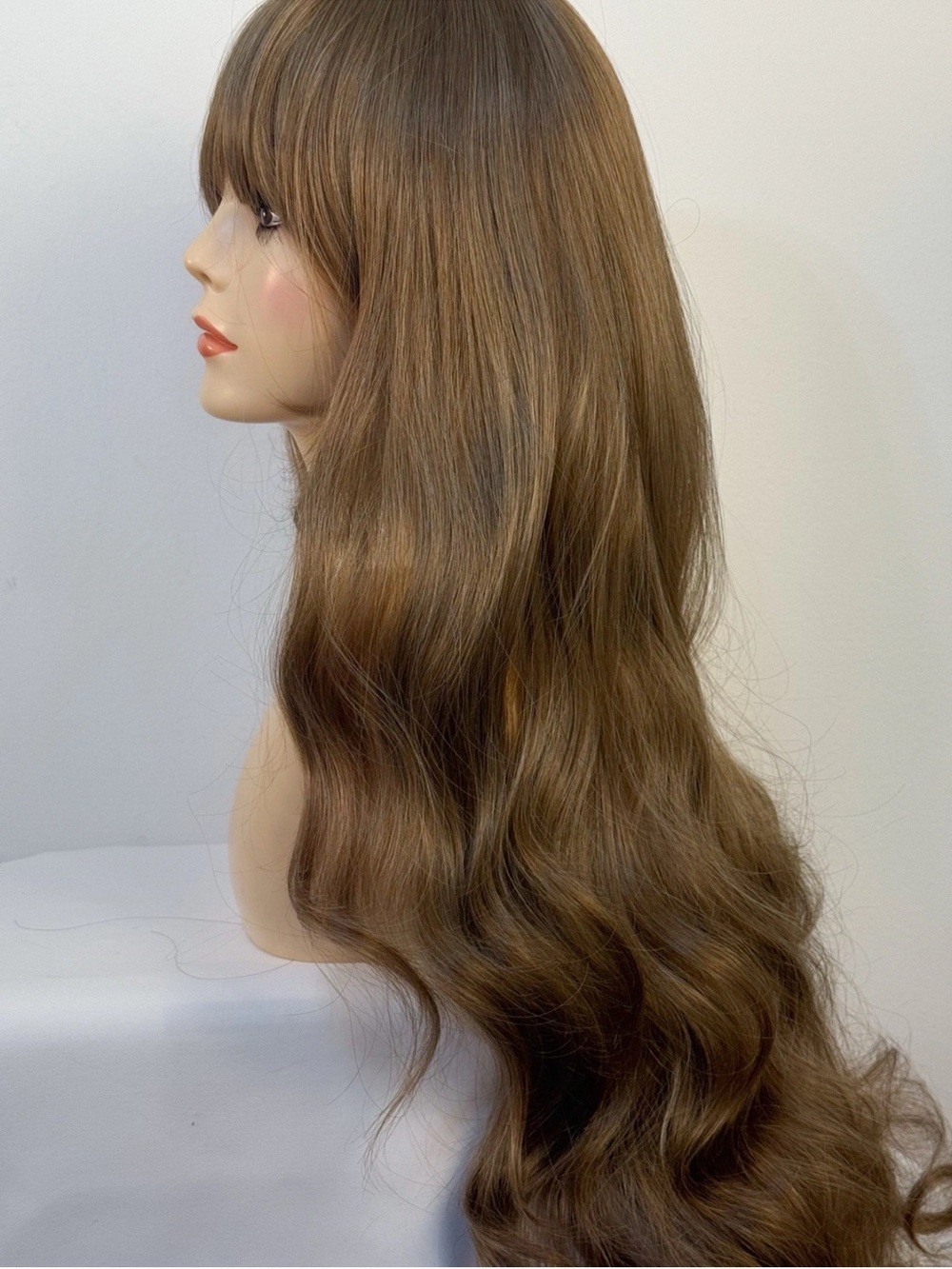 27”-31” Human Hair Blend Wig Natural Golden Blonde With Bangs Heat Resistant